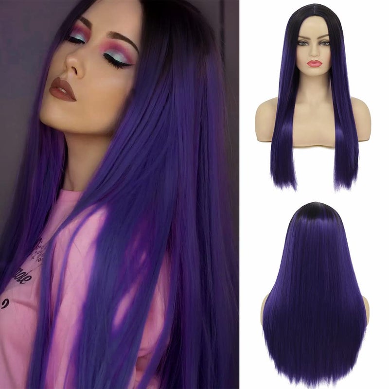 Kaneles Ombre Purple Long Straight Wig for Women Black Purple Silk Hair Wigs Middle Part Synthetic Heat Rsistant Cosplay Halloween Part Wig